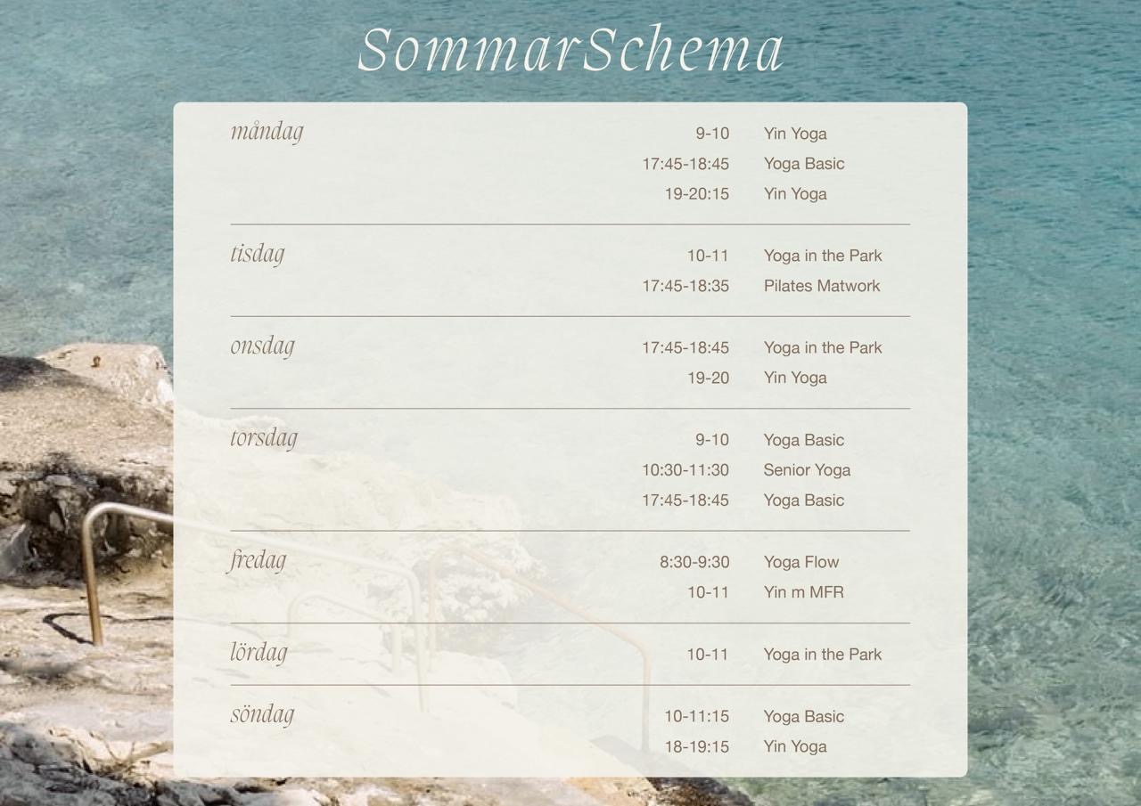 Yogaklasser hos My Yoga Room, Schema sommaren 2026