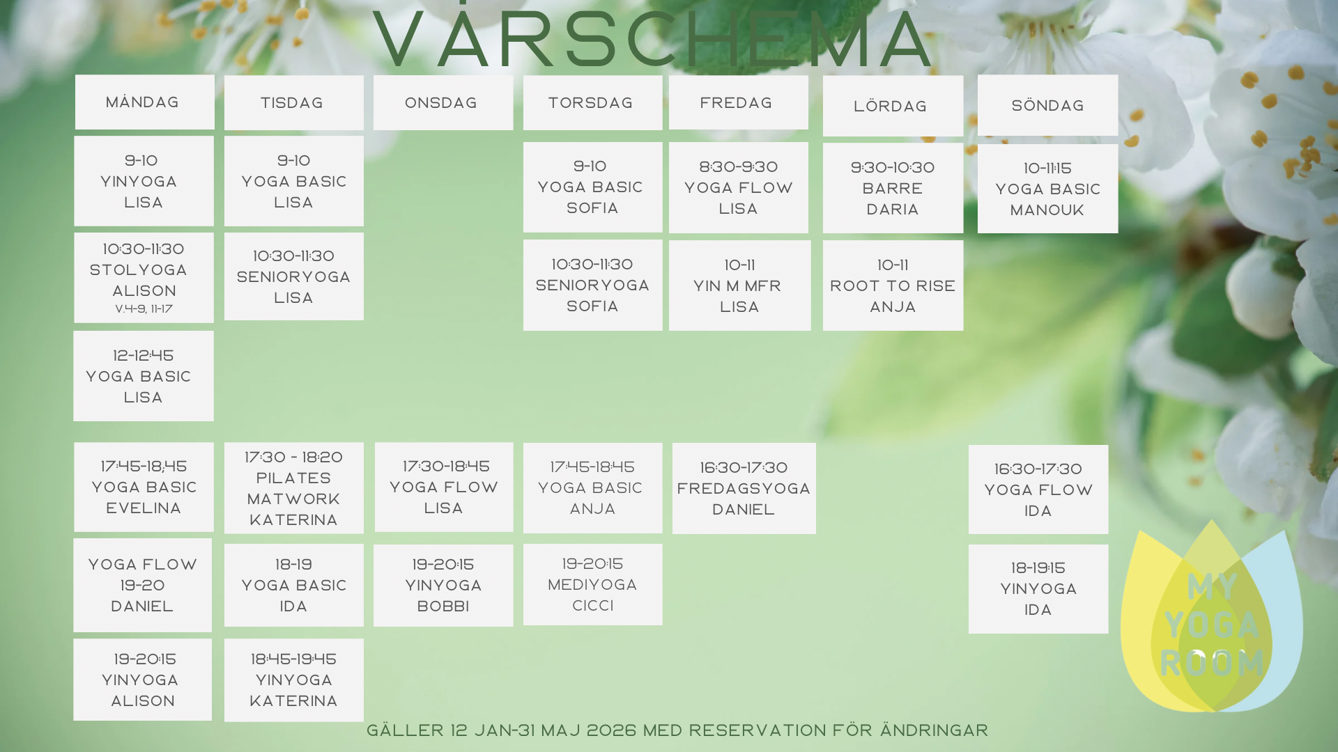 Yogaklasser hos My Yoga Room, Schema 